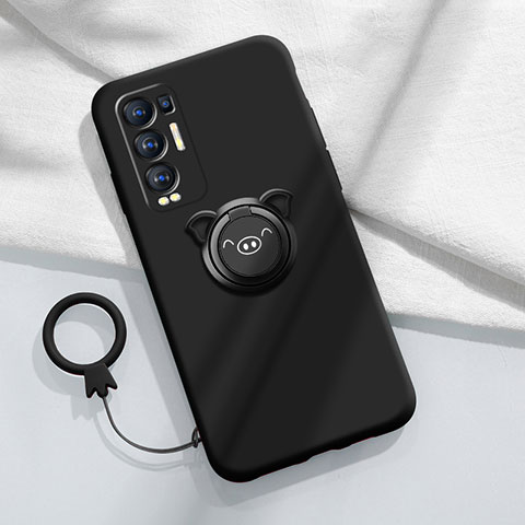 Funda Silicona Carcasa Ultrafina Goma con Magnetico Anillo de dedo Soporte para Oppo Reno5 Pro+ Plus 5G Negro