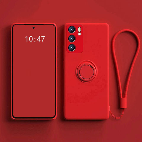 Funda Silicona Carcasa Ultrafina Goma con Magnetico Anillo de dedo Soporte para Oppo Reno6 5G Rojo