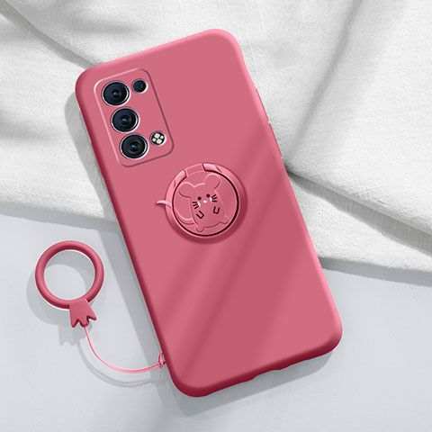 Funda Silicona Carcasa Ultrafina Goma con Magnetico Anillo de dedo Soporte para Oppo Reno6 Pro+ Plus 5G Rojo