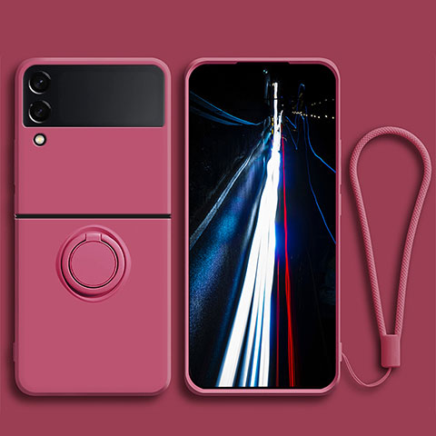 Funda Silicona Carcasa Ultrafina Goma con Magnetico Anillo de dedo Soporte para Samsung Galaxy Z Flip3 5G Rojo Rosa