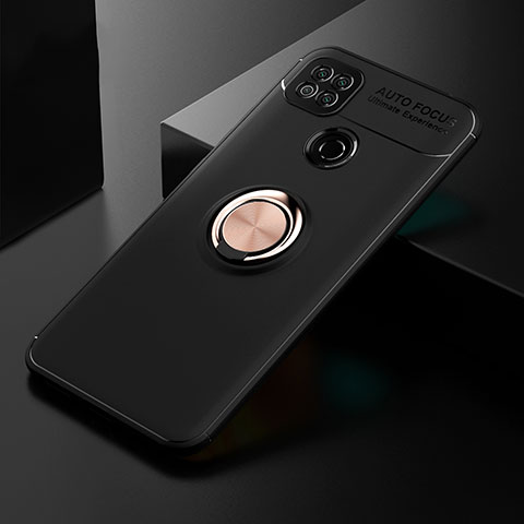 Funda Silicona Carcasa Ultrafina Goma con Magnetico Anillo de dedo Soporte para Xiaomi Redmi 9C Oro y Negro