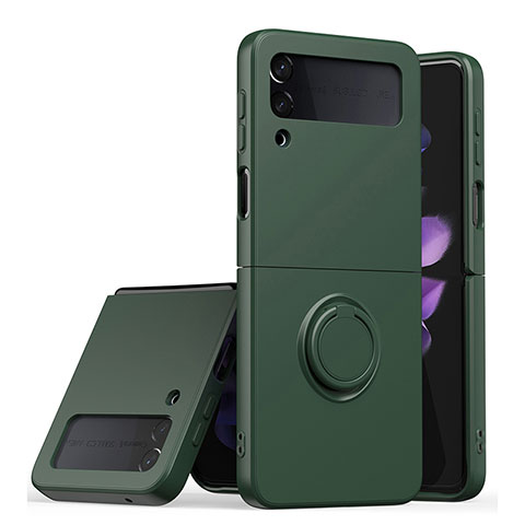 Funda Silicona Carcasa Ultrafina Goma con Magnetico Anillo de dedo Soporte QW1 para Samsung Galaxy Z Flip3 5G Verde Noche