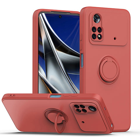 Funda Silicona Carcasa Ultrafina Goma con Magnetico Anillo de dedo Soporte QW1 para Xiaomi Poco M4 Pro 4G Rojo Rosa