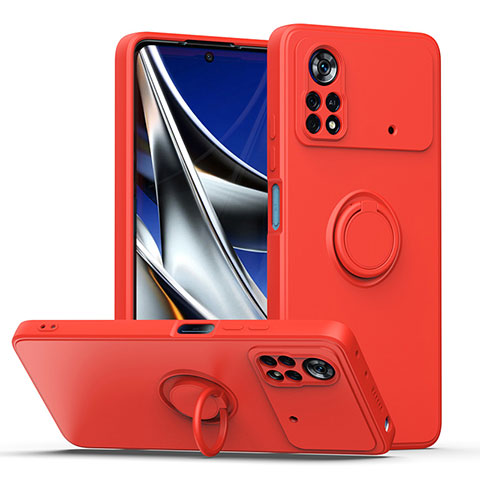 Funda Silicona Carcasa Ultrafina Goma con Magnetico Anillo de dedo Soporte QW1 para Xiaomi Poco X4 Pro 5G Rojo