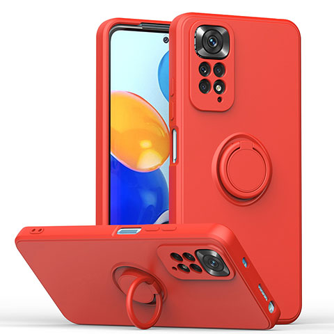 Funda Silicona Carcasa Ultrafina Goma con Magnetico Anillo de dedo Soporte QW1 para Xiaomi Redmi Note 11S 4G Rojo