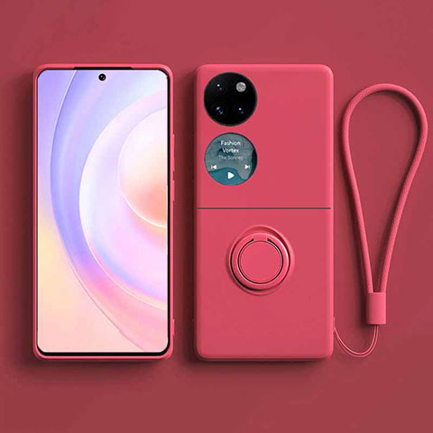 Funda Silicona Carcasa Ultrafina Goma con Magnetico Anillo de dedo Soporte S01 para Huawei P60 Pocket Rosa Roja
