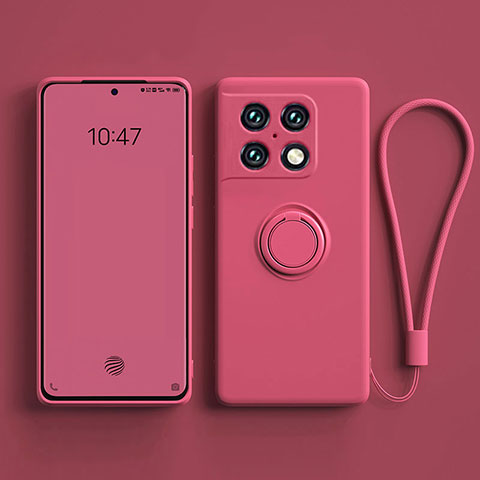 Funda Silicona Carcasa Ultrafina Goma con Magnetico Anillo de dedo Soporte S01 para OnePlus 10 Pro 5G Rojo Rosa