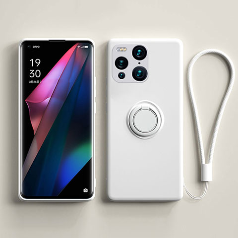 Funda Silicona Carcasa Ultrafina Goma con Magnetico Anillo de dedo Soporte S01 para Oppo Find X3 5G Blanco