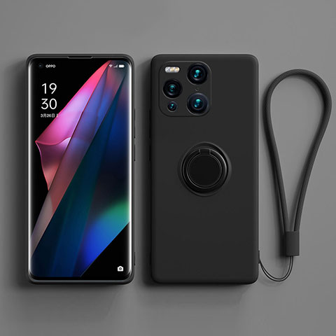 Funda Silicona Carcasa Ultrafina Goma con Magnetico Anillo de dedo Soporte S01 para Oppo Find X3 5G Negro