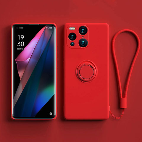 Funda Silicona Carcasa Ultrafina Goma con Magnetico Anillo de dedo Soporte S01 para Oppo Find X3 Pro 5G Rojo