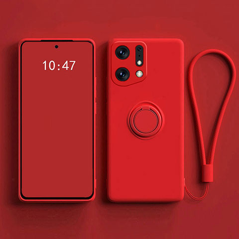 Funda Silicona Carcasa Ultrafina Goma con Magnetico Anillo de dedo Soporte S01 para Oppo Find X5 5G Rojo