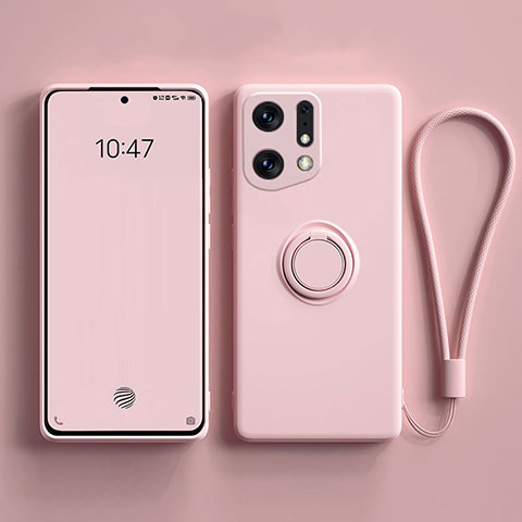 Funda Silicona Carcasa Ultrafina Goma con Magnetico Anillo de dedo Soporte S01 para Oppo Find X5 Pro 5G Rosa