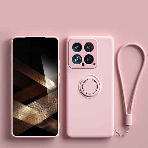 Funda Silicona Carcasa Ultrafina Goma con Magnetico Anillo de dedo Soporte S01 para Xiaomi Mi 14 Pro 5G Rosa