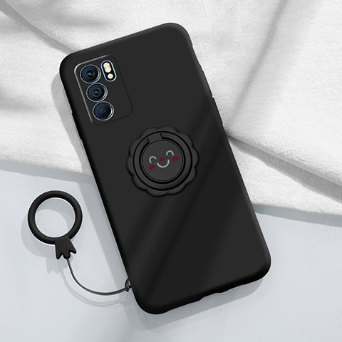 Funda Silicona Carcasa Ultrafina Goma con Magnetico Anillo de dedo Soporte S02 para Oppo Reno6 Pro 5G India Negro