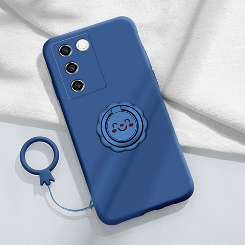 Funda Silicona Carcasa Ultrafina Goma con Magnetico Anillo de dedo Soporte S02 para Vivo V27 5G Azul