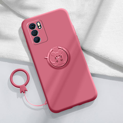 Funda Silicona Carcasa Ultrafina Goma con Magnetico Anillo de dedo Soporte S03 para Oppo Reno6 5G Rosa Roja