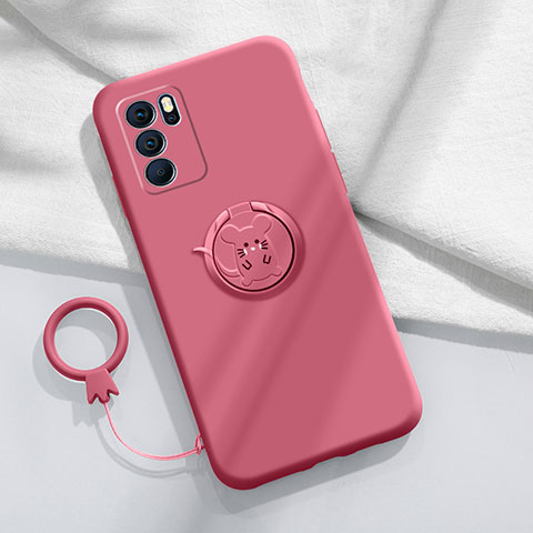 Funda Silicona Carcasa Ultrafina Goma con Magnetico Anillo de dedo Soporte S03 para Oppo Reno6 Pro 5G India Rosa Roja