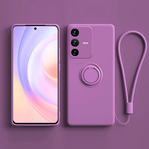 Funda Silicona Carcasa Ultrafina Goma con Magnetico Anillo de dedo Soporte S03 para Vivo V23 Pro 5G Morado