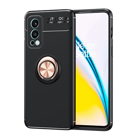 Funda Silicona Carcasa Ultrafina Goma con Magnetico Anillo de dedo Soporte SD1 para OnePlus Nord 2 5G Oro y Negro