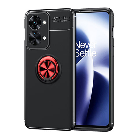 Funda Silicona Carcasa Ultrafina Goma con Magnetico Anillo de dedo Soporte SD1 para OnePlus Nord 2T 5G Rojo y Negro