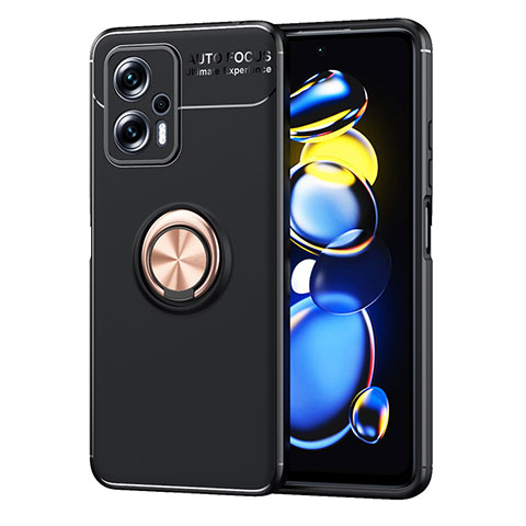 Funda Silicona Carcasa Ultrafina Goma con Magnetico Anillo de dedo Soporte SD1 para Xiaomi Redmi Note 11T Pro+ Plus 5G Oro y Negro