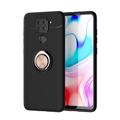 Funda Silicona Carcasa Ultrafina Goma con Magnetico Anillo de dedo Soporte SD1 para Xiaomi Redmi Note 9 Oro y Negro