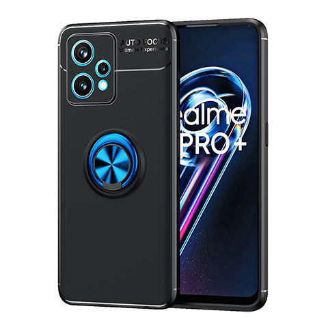 Funda Silicona Carcasa Ultrafina Goma con Magnetico Anillo de dedo Soporte SD2 para Realme 9 Pro+ Plus 5G Azul y Negro