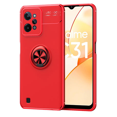 Funda Silicona Carcasa Ultrafina Goma con Magnetico Anillo de dedo Soporte SD2 para Realme C31 Rojo