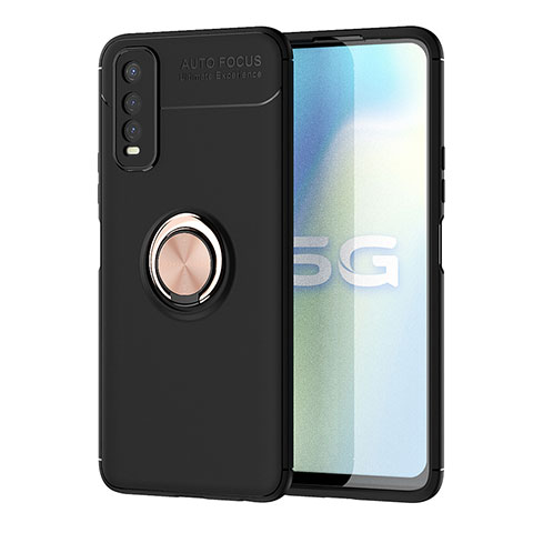 Funda Silicona Carcasa Ultrafina Goma con Magnetico Anillo de dedo Soporte SD2 para Vivo Y70t 5G Oro y Negro