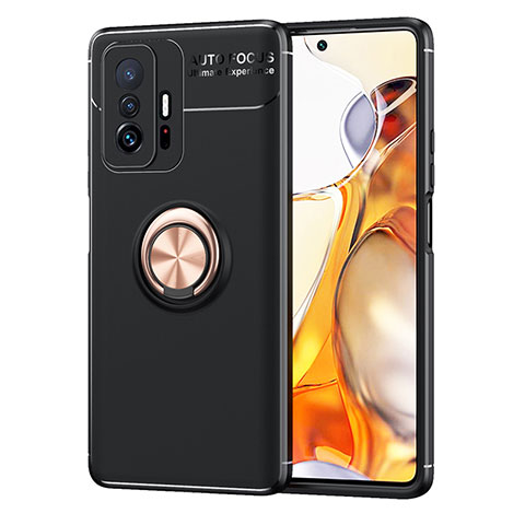 Funda Silicona Carcasa Ultrafina Goma con Magnetico Anillo de dedo Soporte SD2 para Xiaomi Mi 11T Pro 5G Oro y Negro