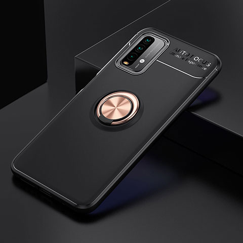 Funda Silicona Carcasa Ultrafina Goma con Magnetico Anillo de dedo Soporte SD2 para Xiaomi Redmi Note 9 4G Oro y Negro