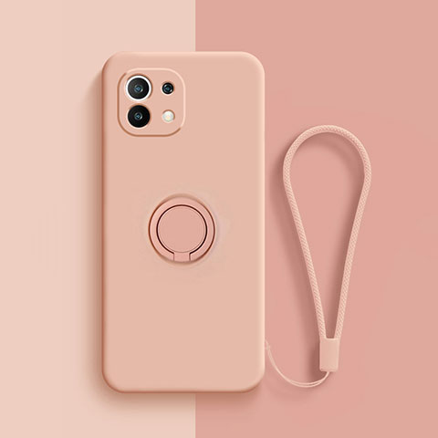 Funda Silicona Carcasa Ultrafina Goma con Magnetico Anillo de dedo Soporte T01 para Xiaomi Mi 11 Lite 5G Rosa