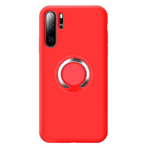 Funda Silicona Carcasa Ultrafina Goma con Magnetico Anillo de dedo Soporte T02 para Huawei P30 Pro Rojo