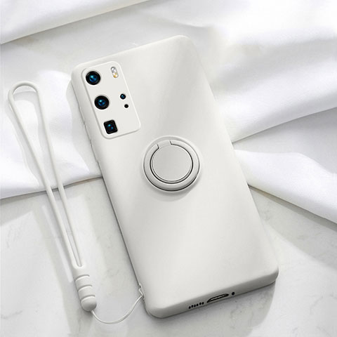 Funda Silicona Carcasa Ultrafina Goma con Magnetico Anillo de dedo Soporte T02 para Huawei P40 Pro Blanco