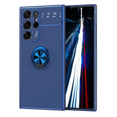 Funda Silicona Carcasa Ultrafina Goma con Magnetico Anillo de dedo Soporte T02 para Samsung Galaxy S21 Ultra 5G Azul