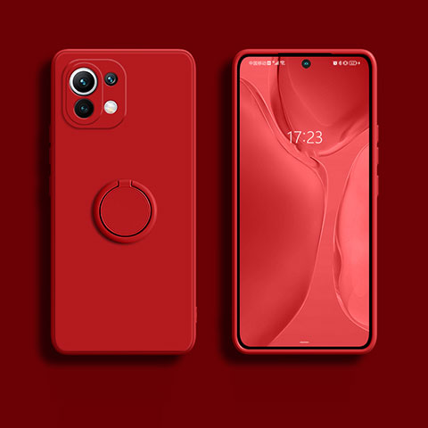 Funda Silicona Carcasa Ultrafina Goma con Magnetico Anillo de dedo Soporte T02 para Xiaomi Mi 11 Lite 4G Rojo