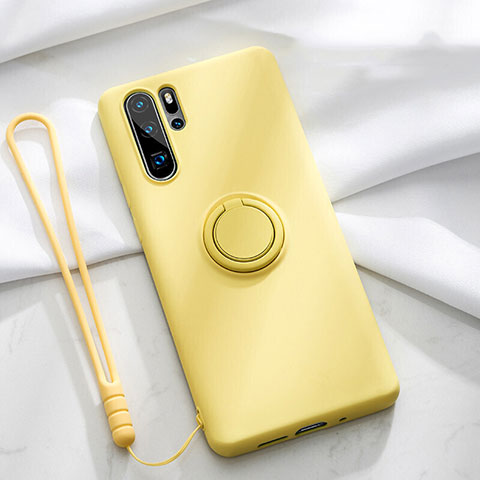 Funda Silicona Carcasa Ultrafina Goma con Magnetico Anillo de dedo Soporte T03 para Huawei P30 Pro Amarillo