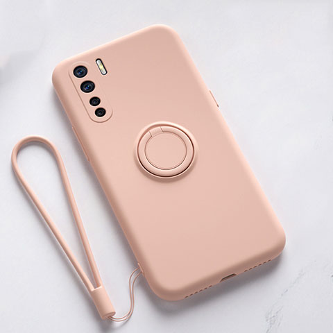 Funda Silicona Carcasa Ultrafina Goma con Magnetico Anillo de dedo Soporte T03 para Oppo F15 Rosa