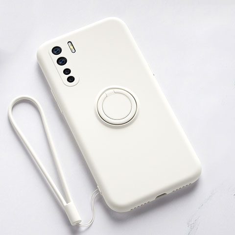 Funda Silicona Carcasa Ultrafina Goma con Magnetico Anillo de dedo Soporte T03 para Oppo Reno3 Blanco