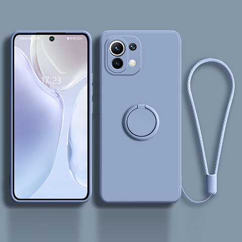 Funda Silicona Carcasa Ultrafina Goma con Magnetico Anillo de dedo Soporte T03 para Xiaomi Mi 11 Lite 5G NE Gris Lavanda