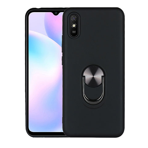 Funda Silicona Carcasa Ultrafina Goma con Magnetico Anillo de dedo Soporte T03 para Xiaomi Redmi 9A Negro