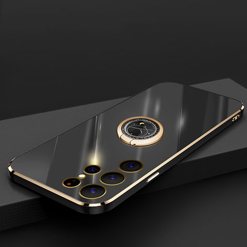 Funda Silicona Carcasa Ultrafina Goma con Magnetico Anillo de dedo Soporte T04 para Samsung Galaxy S22 Ultra 5G Negro