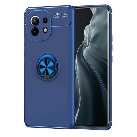 Funda Silicona Carcasa Ultrafina Goma con Magnetico Anillo de dedo Soporte T04 para Xiaomi Mi 11 Lite 4G Azul