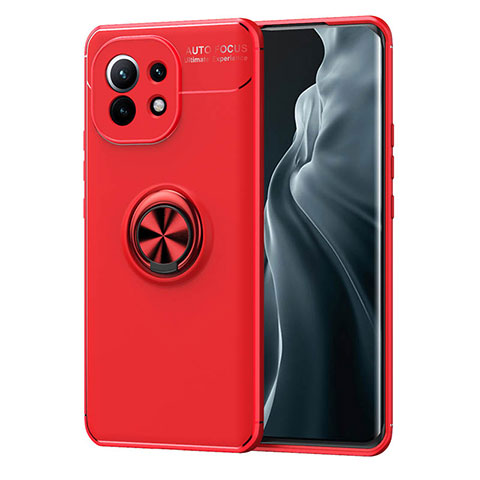 Funda Silicona Carcasa Ultrafina Goma con Magnetico Anillo de dedo Soporte T04 para Xiaomi Mi 11 Lite 5G NE Rojo