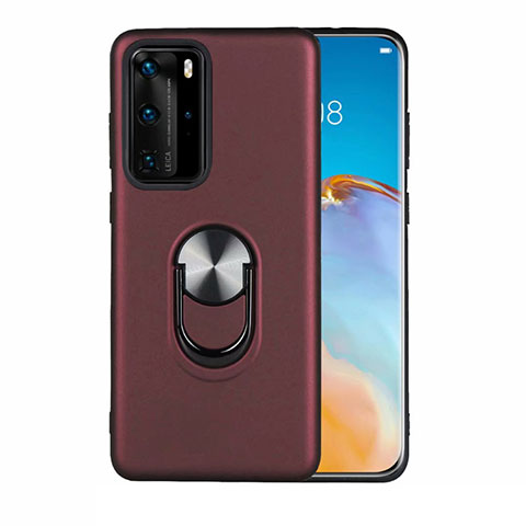 Funda Silicona Carcasa Ultrafina Goma con Magnetico Anillo de dedo Soporte T05 para Huawei P40 Pro Rojo Rosa