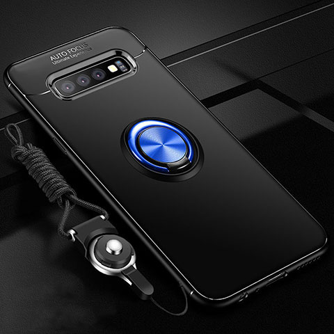 Funda Silicona Carcasa Ultrafina Goma con Magnetico Anillo de dedo Soporte T05 para Samsung Galaxy S10 Plus Azul y Negro