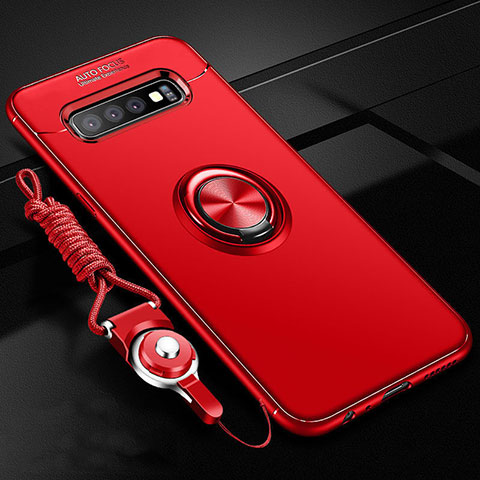 Funda Silicona Carcasa Ultrafina Goma con Magnetico Anillo de dedo Soporte T05 para Samsung Galaxy S10 Plus Rojo