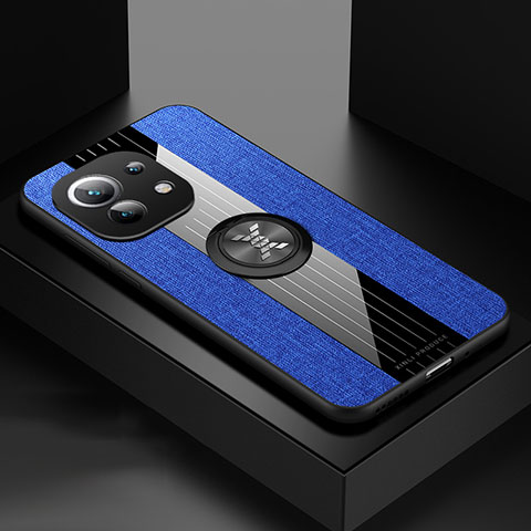 Funda Silicona Carcasa Ultrafina Goma con Magnetico Anillo de dedo Soporte T08 para Xiaomi Mi 11 Lite 5G NE Azul