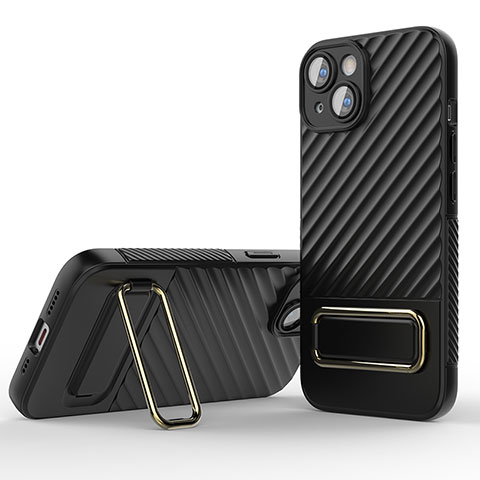 Funda Silicona Carcasa Ultrafina Goma con Soporte KC2 para Apple iPhone 15 Negro