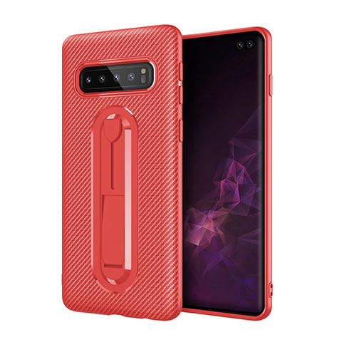 Funda Silicona Carcasa Ultrafina Goma con Soporte para Samsung Galaxy S10 Plus Rojo